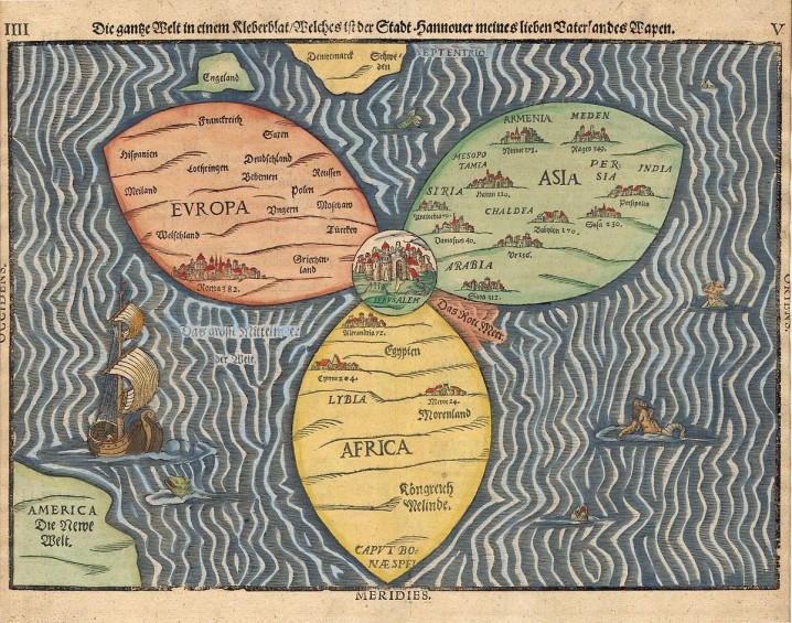Noor Abuarafeh, Observational Desier on Memory That Remains, 2014, Heinrich Bunting's Map of the World (1580s)